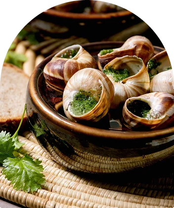 Een bruine keramische kom gevuld met escargots, gebakken in hun schelpen met bubbelende groene kruiden-knoflookboter, geserveerd op een geweven mat met sneetjes brood en verse koriander erbij.
